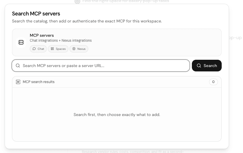 Losi Search MCP servers dialog with MCP server details, search input, and empty results.