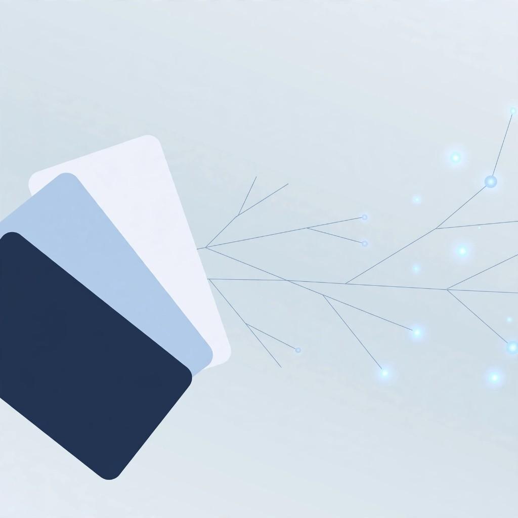 Stacked white and blue document cards with branching lines turning files, PDFs, and notes into action